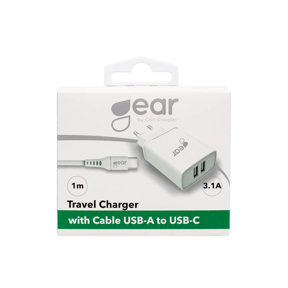 GEAR Vggladdare 2xUSB 3.1A USB-C 2.0 Kabel 1m Vit