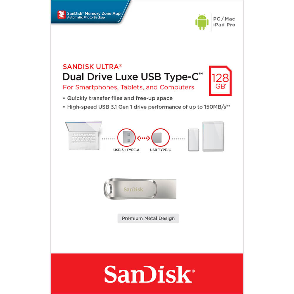 SanDisk SanDisk USB Dual Drive Luxe 128GB 150MB/s USB-C - Teknikhallen.se