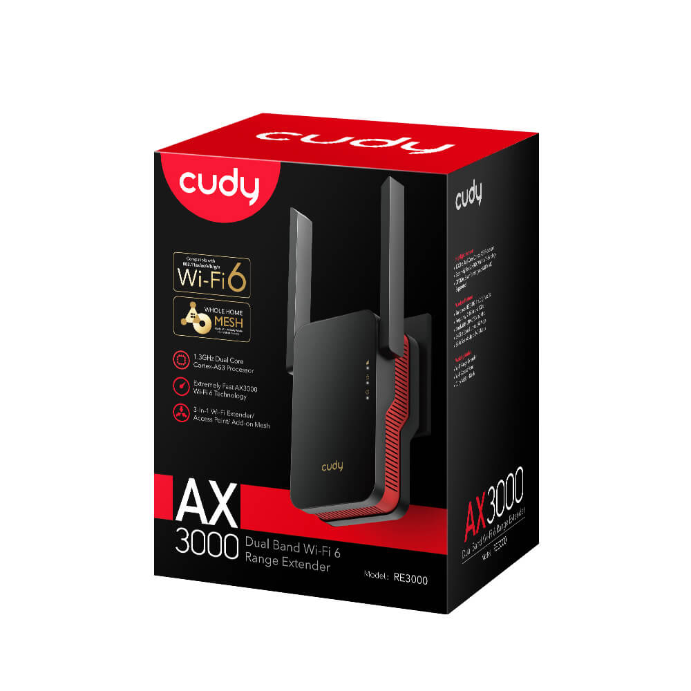 Cudy Wi-Fi Extender RE3000 AX3000 Mesh Svart/Rd